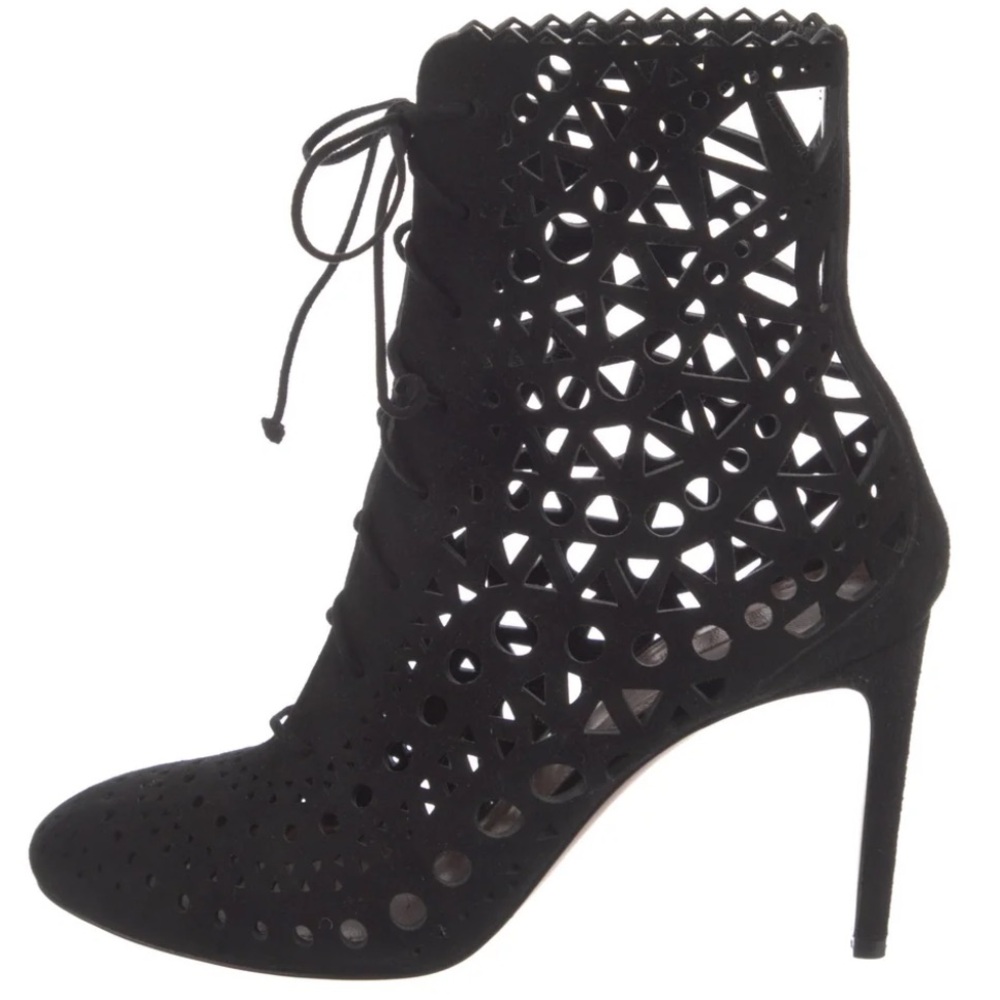Alaia Suede Lasercut Accents Lace-Up Boots | Black | Size 38.5